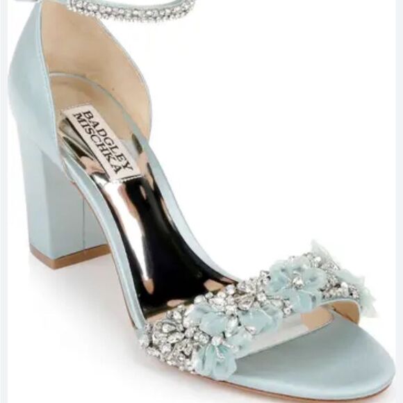 Badgley Mischka Clara embellished strap block heel blue satin heel Size 6 $235 - Picture 1 of 11